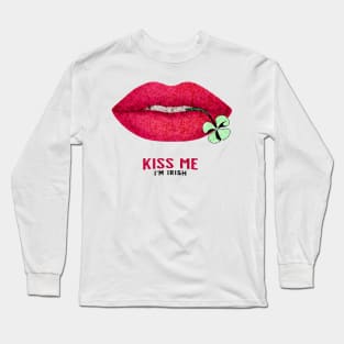 Kiss Me I'm Irish - Pop Culture Lips and Shamrock Leaf Long Sleeve T-Shirt